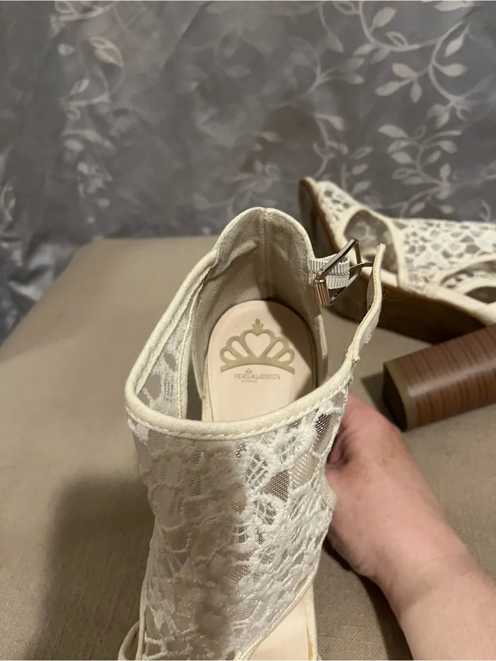 Fergie Cream Lace Peep-Toe Block Heel Sandals